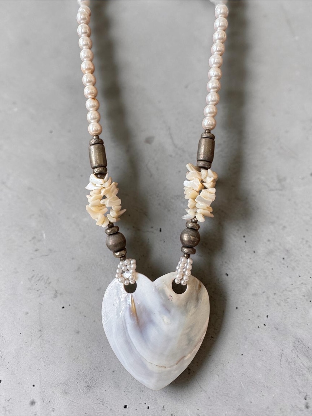 Mother of Pearl Heart Pendant Brass Bead Necklace